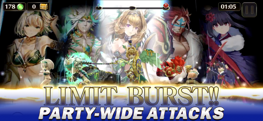 VALKYRIE CONNECT - Heróis de anime realizando um poderoso ataque de Limit Burst em todo o grupo no Valkyrie Connect