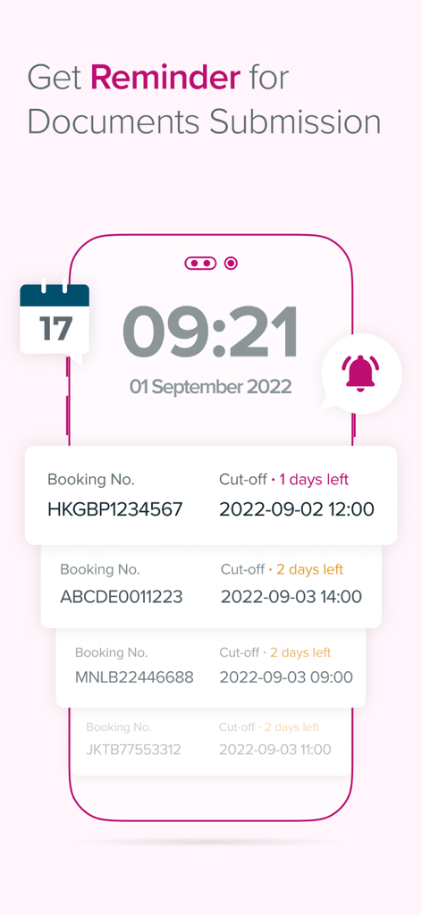 A notification screen showing document submission deadlines for various shipping bookings.