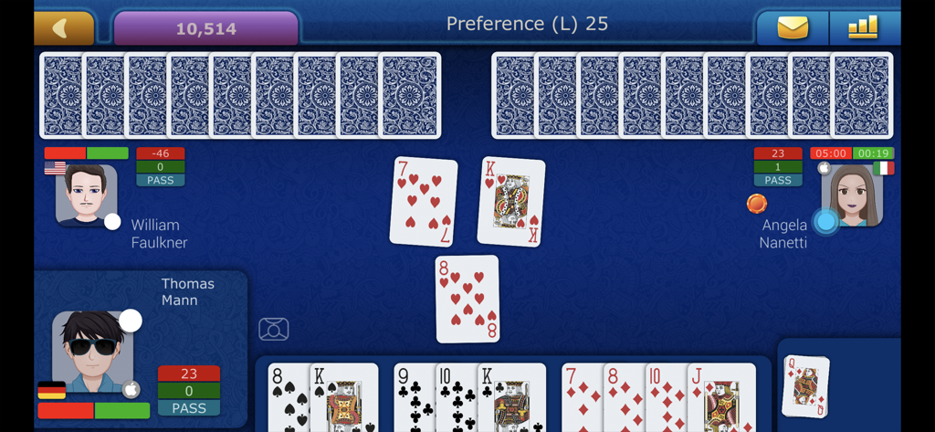 A live match of the Online Preference card game featuring player avatars and a digital table layout.