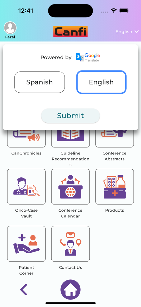 MSN Canfi - MSN Canfi oncology app dashboard showing medical resource icons and a language selection popup
