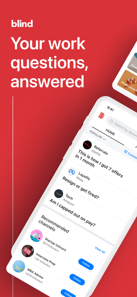 Blind - Professional Community - Blind app interface on a smartphone screen showing anonymous professional discussions about job offers, layoffs, and salary compensation.