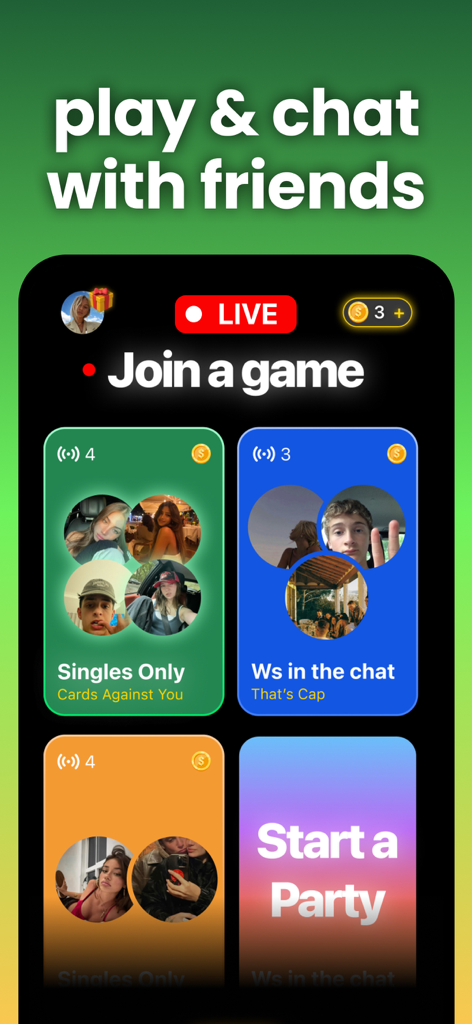 Wasabi - Viral Party Games - Join a game screen in Wasabi app showing live party lobbies to play and chat with friends