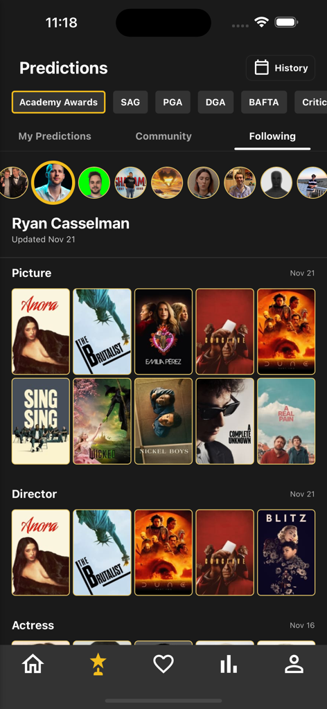 Award Expert app interface showing movie award predictions from followed users for categories like Best Picture and Best Director.