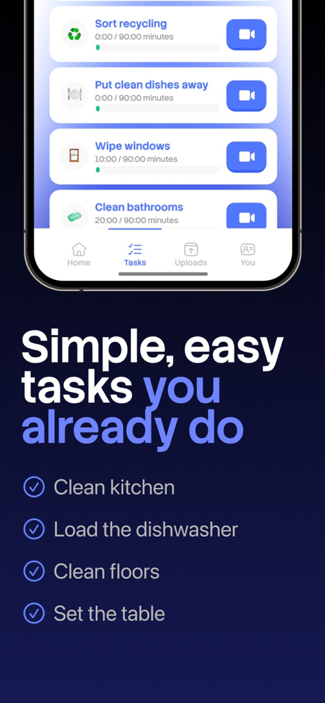 Screenshot of the Atlas Capture app showing a list of everyday household tasks like recycling and cleaning that users can record to earn money