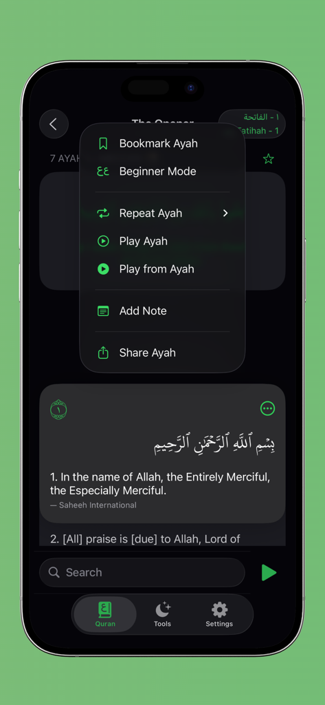 Al-Quran | Beginner Quran - Al-Quran app interface displaying a menu with verse options like Beginner Mode, Bookmark, and Share Ayah.