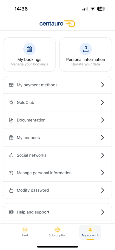 Pantalla de cuenta de usuario de la app Centauro Rent a Car que muestra secciones para mis reservas, información personal, métodos de pago y Goldclub