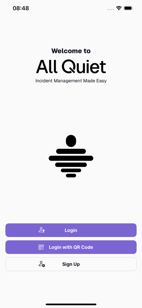 All Quiet - Welcome screen of the All Quiet incident management app with login and signup options