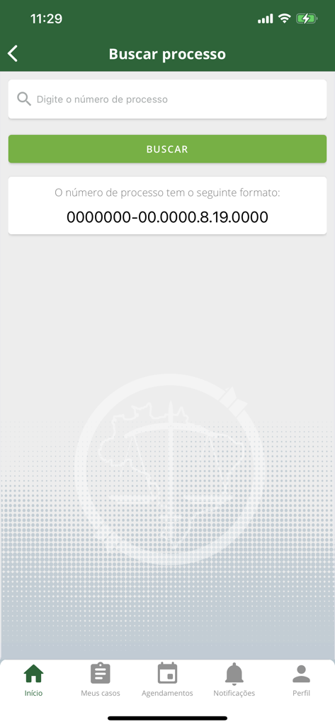 Defensoria RJ - Legal process search screen in the Defensoria RJ mobile app