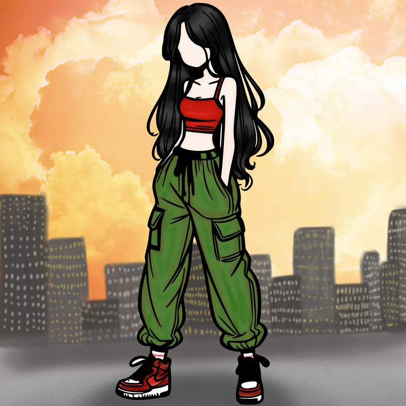 girl in baggy pants crop top and long hair