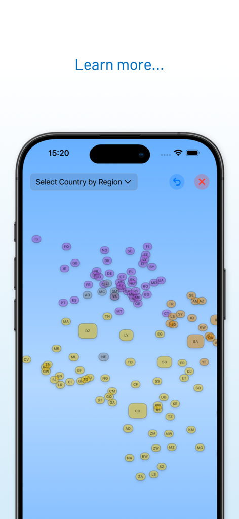 AirlineTrivia app screen displaying a map of selectable country codes for regional filtering.