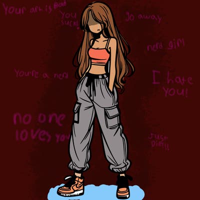 girl in baggy pants crop top and long hair