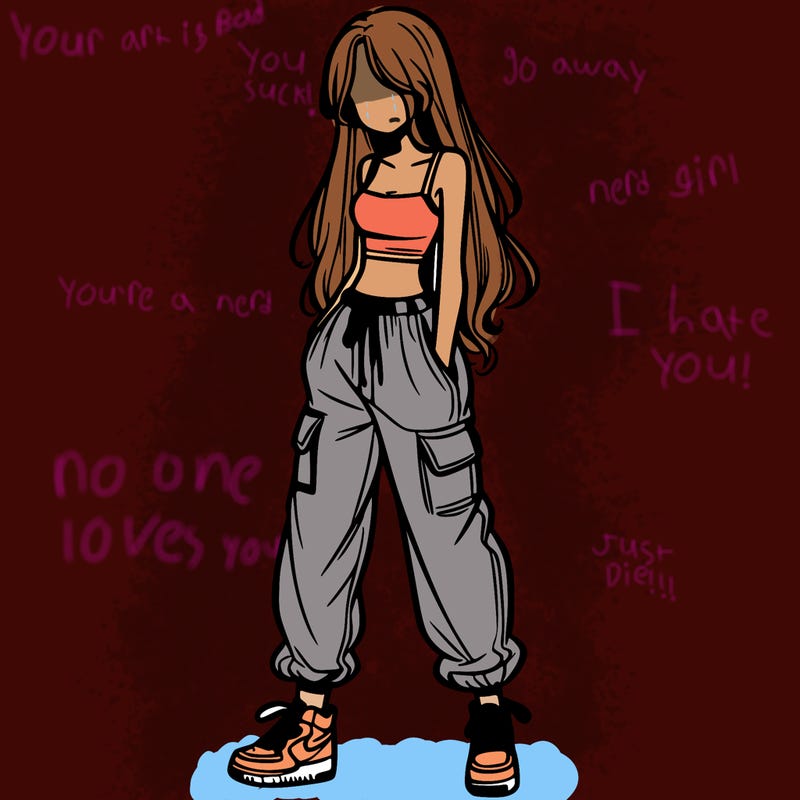 girl in baggy pants crop top and long hair