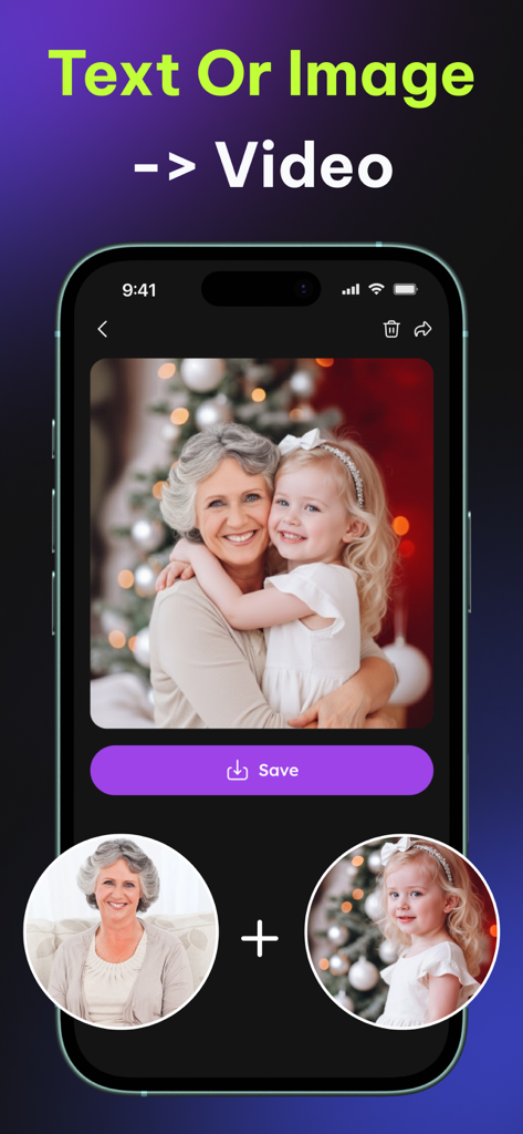 Pixie: AI Photo & Video Editor - Interfaz de la aplicación Pixie mostrando una función que transforma texto o imágenes en un vídeo con una abuela y un niño delante de un árbol de Navidad