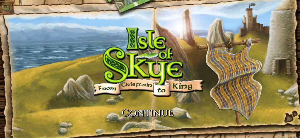 Isle of Skye - Isle of Skye game title screen with a scenic Scottish landscape and a tartan flag