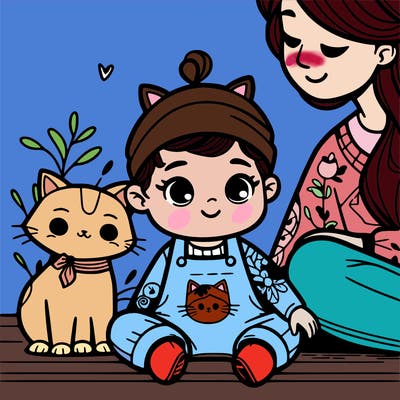 a baby girl wearing a cute pink outfit with a cat on it and she’s with her mom and her cat is also there