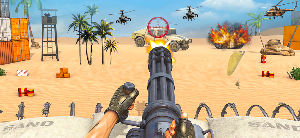 First person view of a heavy machine gun firing in a desert military battlefield with helicopters and explosions