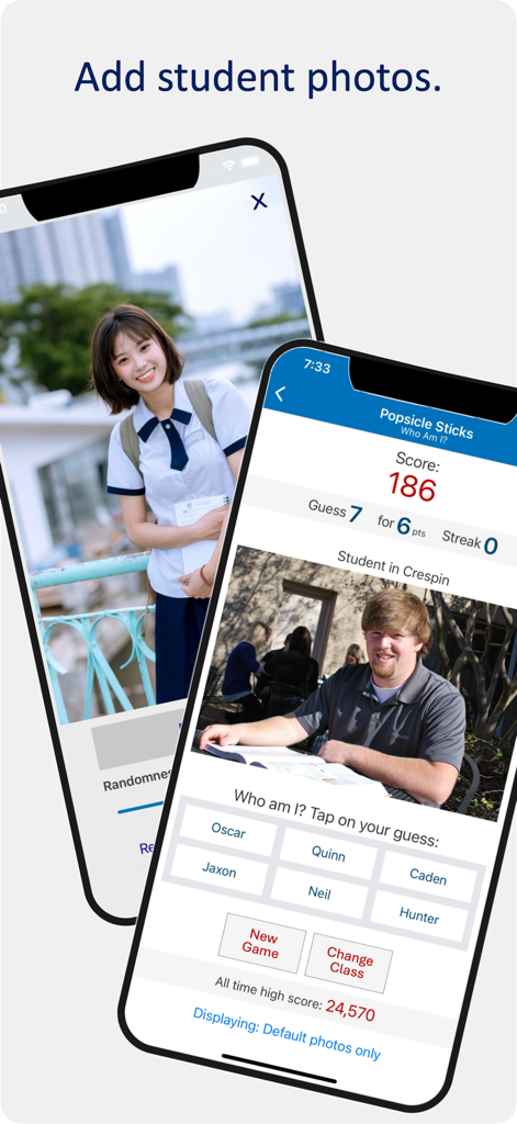 Popsicle Sticks Unlimited app interface showing student photo profiles and a name guessing game for teachers