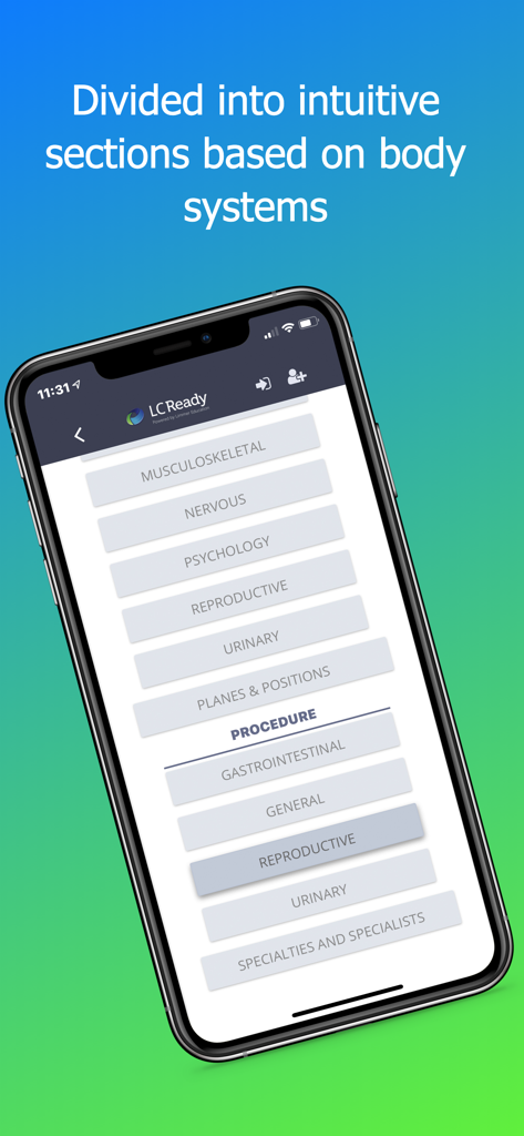 Med Term Review - Med Term Review app interface showing study sections organized by body systems