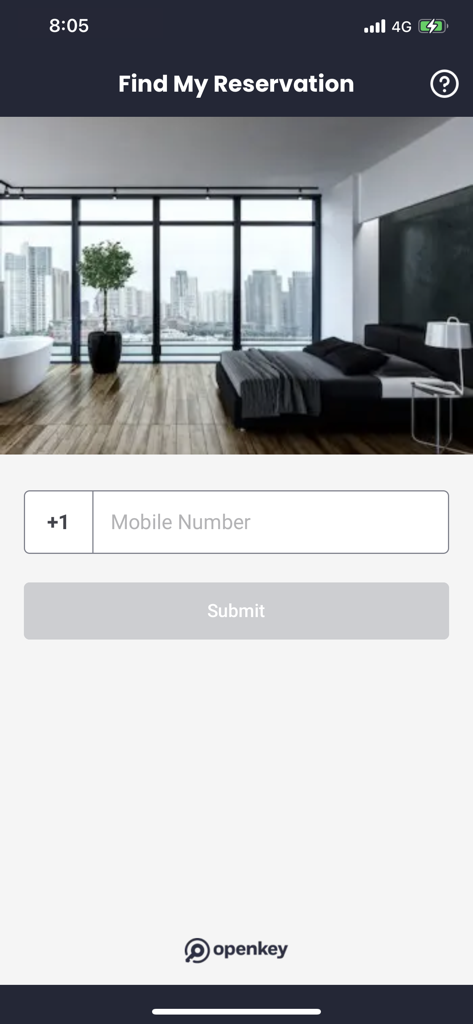 OpenKey App-Oberfläche zum Finden einer Hotelreservierung mit einem Feld für die Handynummer.