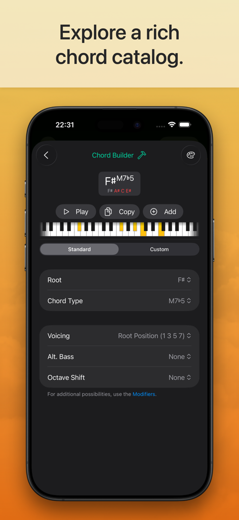 Suggester 2 : Chords & Scales - Oberfläche der Suggester 2 App, die den Akkord-Builder mit einer Klavieranzeige und Einstellungen für Musiktheorie zeigt.