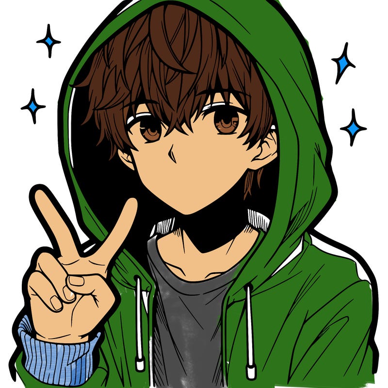teenage manga boy in a hoodie, doing ✌