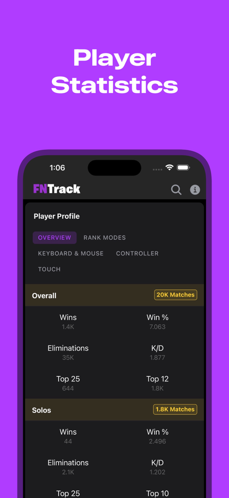 FNTrack - FN Companion App - Pantalla detallada de estadísticas de jugador dentro de la app compañera de Fortnite FNTrack