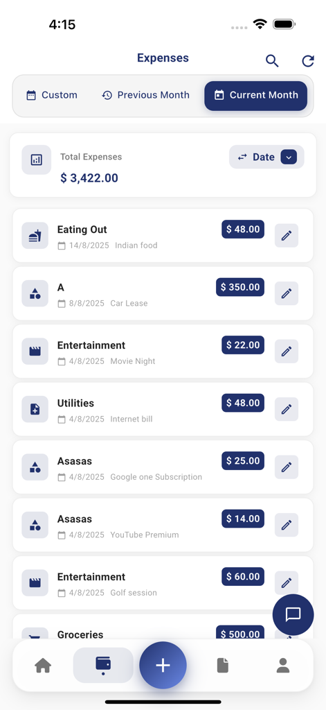 TrackMyExpense - TrackMyExpense mobile app dashboard showing a list of categorized monthly spending and total expenses