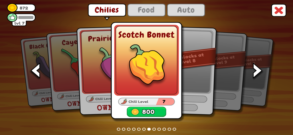 Feed the School! Cooking Chaos - A selection screen in the Feed the School game showing a Scotch Bonnet chili pepper card among other spicy ingredients