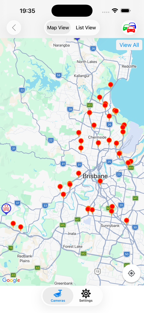 Map view of Brisbane showing several red camera icons for live traffic monitoring in the Traffic Cameras Australia app