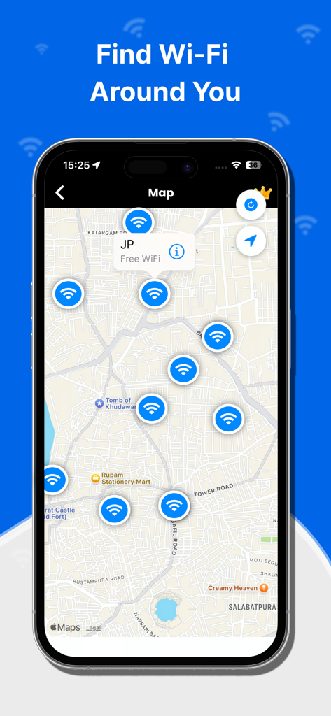 Wifi Password Community - A mobile app screen showing a map with multiple free wifi hotspot icons around a city area.