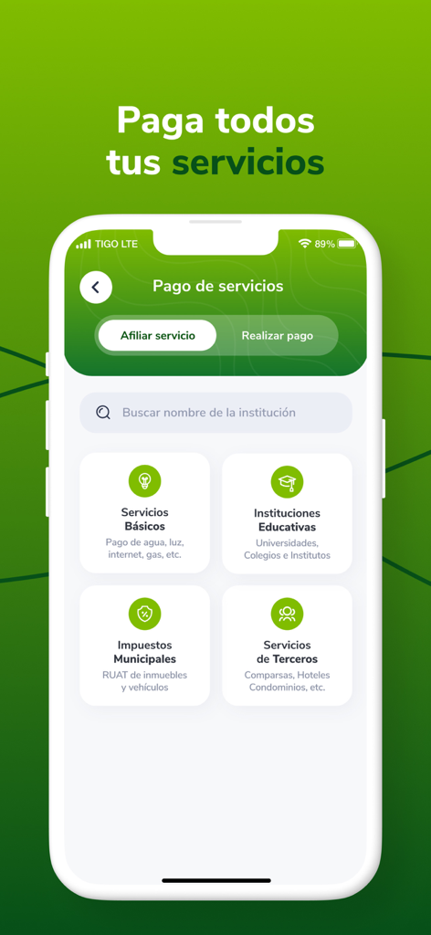 GanaMóvil - Mobile interface of GanaMovil app showing options to pay for utilities education and taxes