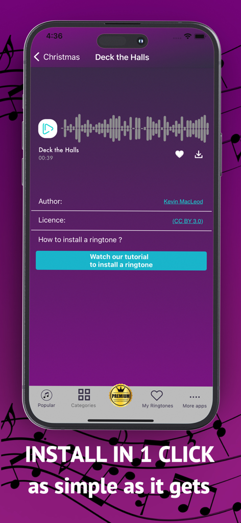 A mobile app interface displaying a Christmas ringtone with a one-click installation option and setup tutorial link.
