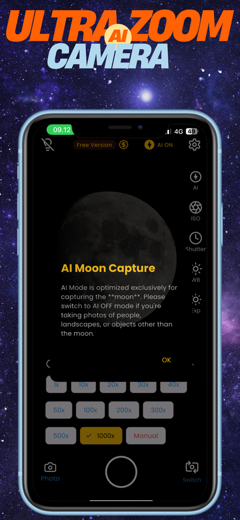 Galaxy Camera Ai : 1000x Zoom - Galaxy Camera Ai app interface showing AI Moon Capture mode and 1000x zoom level