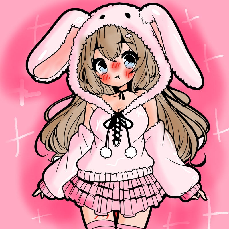 pretty anime girl wearing a fluffy hoodie with bunny ears on the hood and a skirt