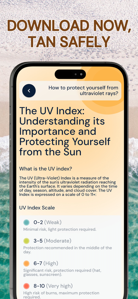 UV Index - Tan Widget - Una pantalla informativa de la aplicación que explica la escala del índice UV y las recomendaciones de protección solar