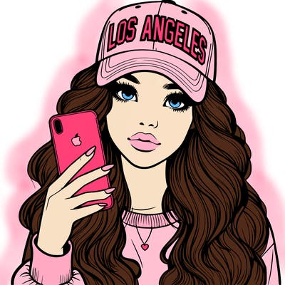 realistic beautiful girl wearing los ángeles cap holding an iphone