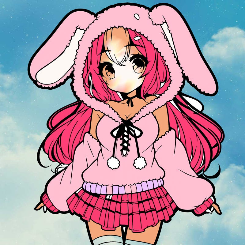 pretty anime girl wearing a fluffy hoodie with bunny ears on the hood and a skirt