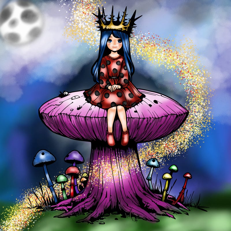 realistic girl sitting on a huge tree stump size toadstool with thorn crown