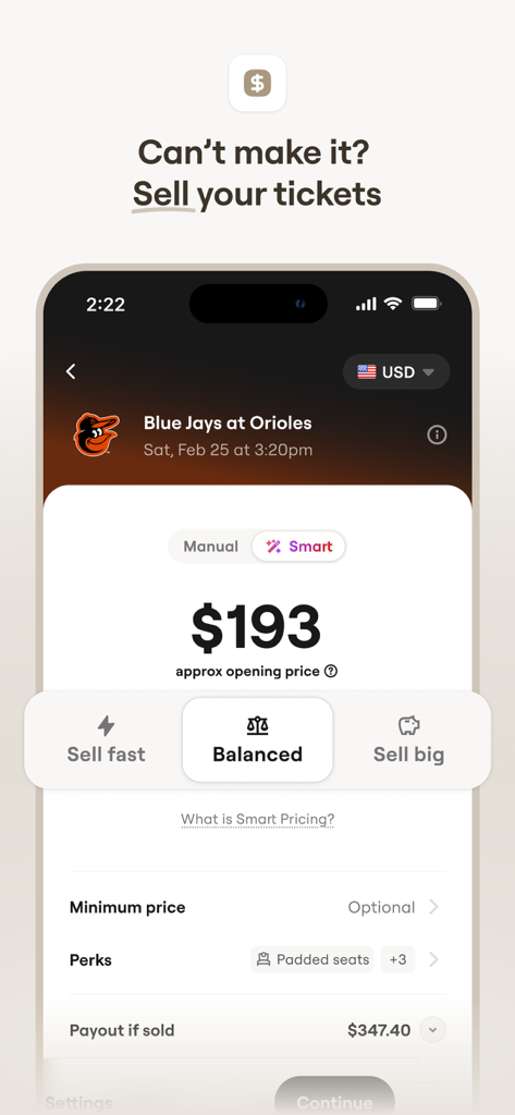 Interface de l'application mobile SeatGeek pour la vente de billets d'événements avec des options de tarification intelligentes.