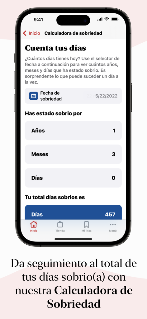 AA La Viña - Oberfläche der AA La Vina App, die einen Nüchternheitsrechner auf Spanisch anzeigt, der 457 Tage Nüchternheit anzeigt