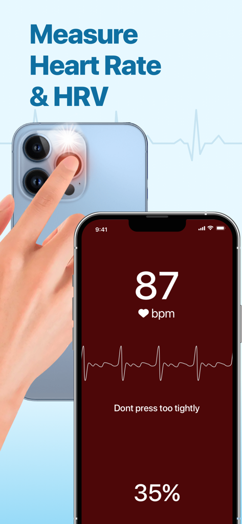 Heart Mate: Health Monitor - A person measuring their heart rate in beats per minute using the Heart Mate app on an iPhone camera lens.