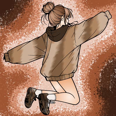 realistic girl jumping with a bun and oversized sweatshirt