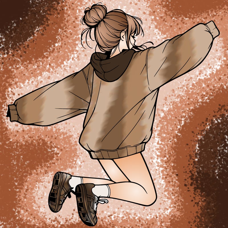 realistic girl jumping with a bun and oversized sweatshirt