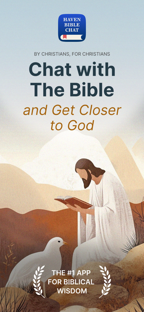 Haven: Bible Chat - Pantalla promocional de la aplicación Haven Bible Chat con una ilustración de un hombre leyendo un libro junto a una paloma blanca