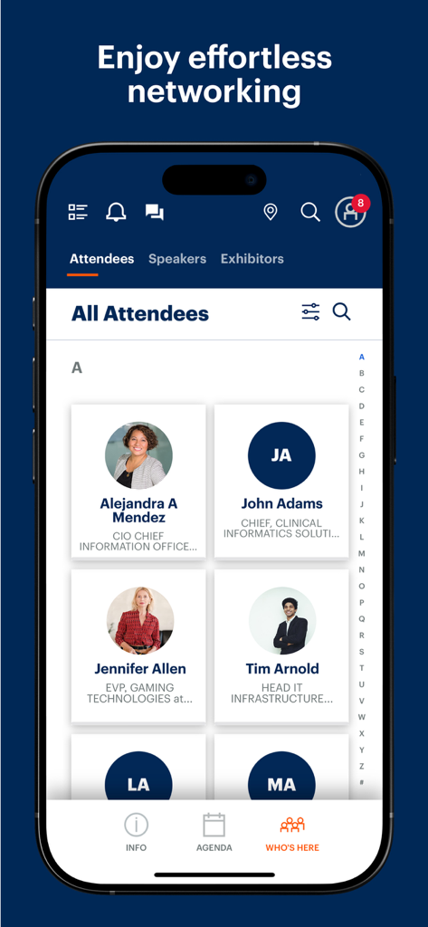 Gartner Conference Navigator - The Gartner Conference Navigator app interface showing a list of professional attendees for effortless networking.