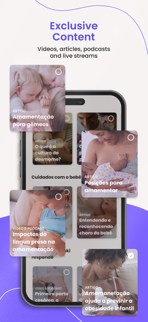 Interfaz de la aplicación V-Baby que muestra artículos y videos exclusivos sobre lactancia materna y maternidad