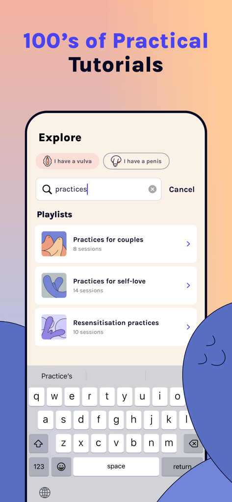 Kama: Intimacy & Connection - Kama app explore screen showing search results for intimacy practices and tutorials