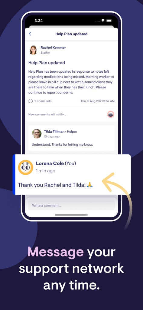 Lookout - Smartphone screen showing a communication thread between care staff and family members within the Lookout app about a help plan update.