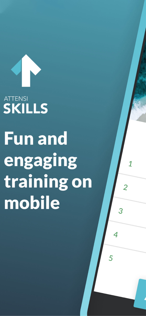 Schermata principale dell'app Attensi SKILLS con il testo "formazione divertente e coinvolgente su mobile"