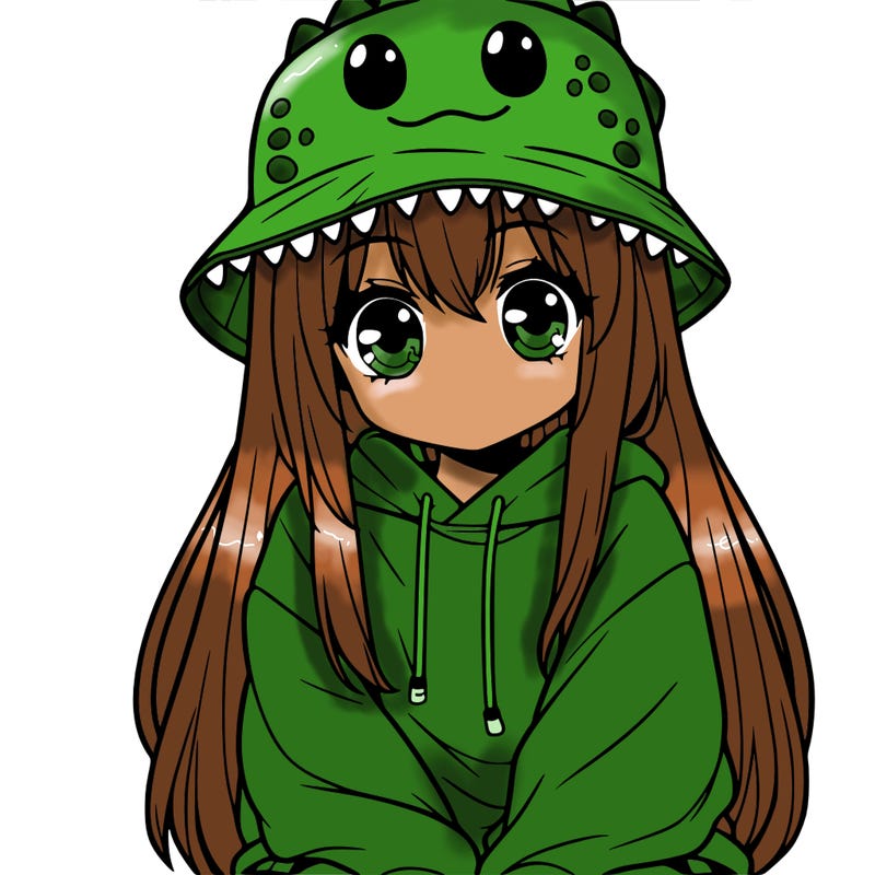 girl with anime shaped eyes with a dinosaur bucket hat oversized sweatshirt long straight hair
